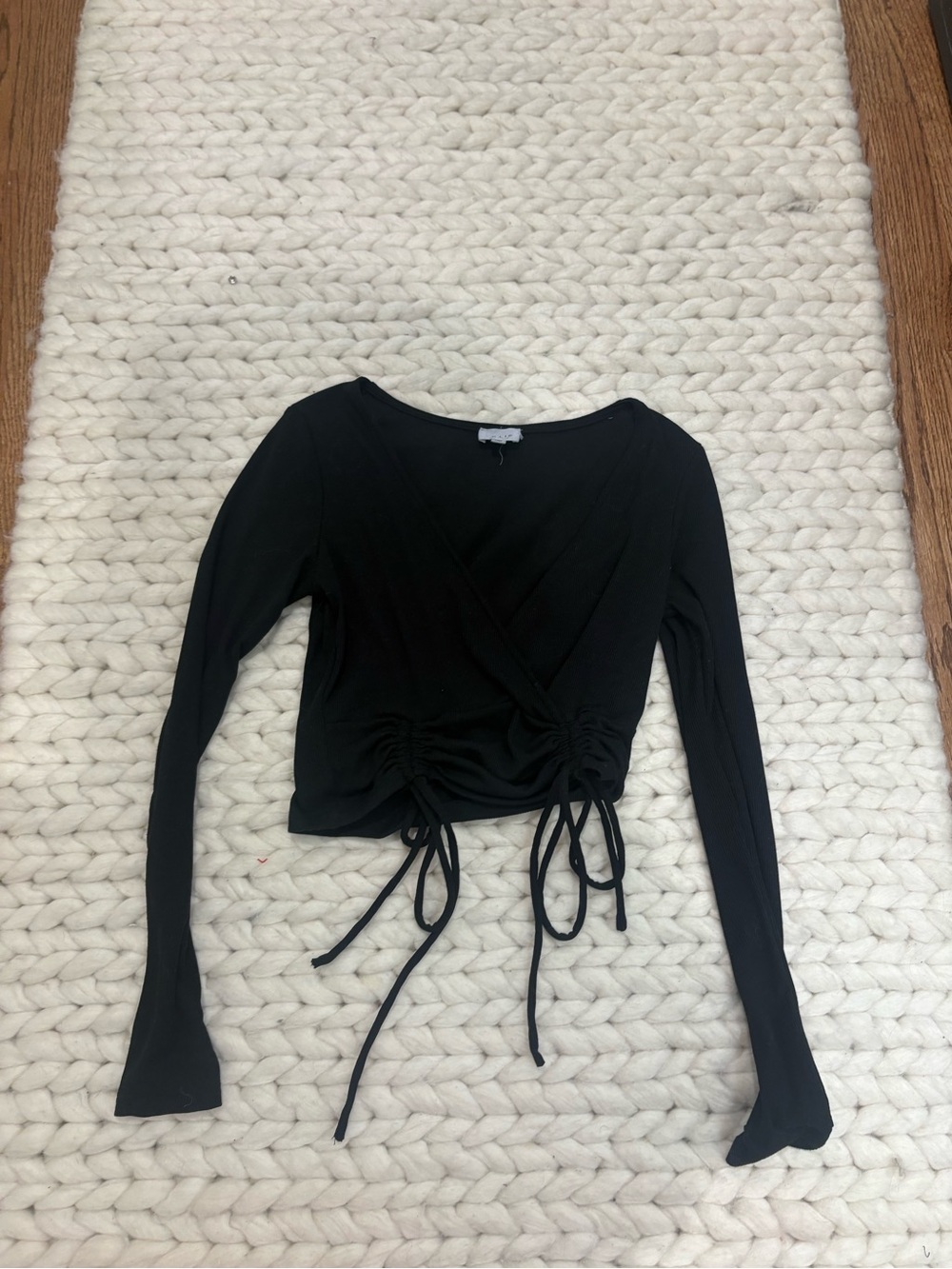 Le Lis Black Ruched Wrap Tie-Front Long Sleeve Top